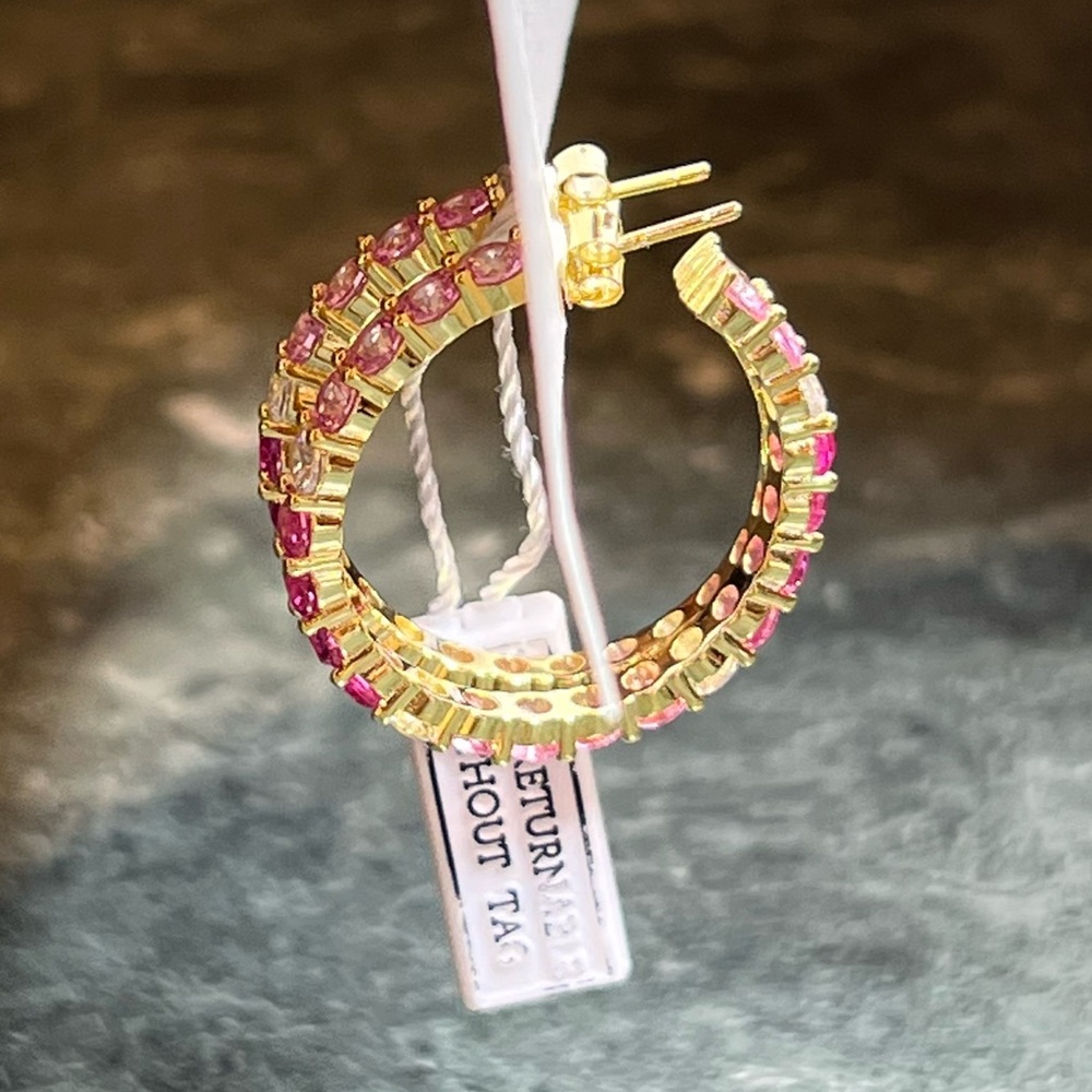 Hoop Earrings Gold Plated Adina Eden Jewels Pink Multi Colored Round Stone NWT - Picture 5 of 12